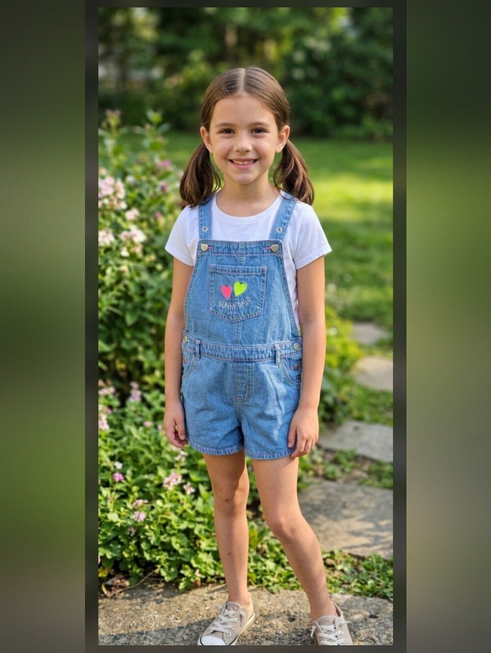 365 KiDS from Garanimals Girls Denim Shortalls Size 8 Heart Patch Sunny Days